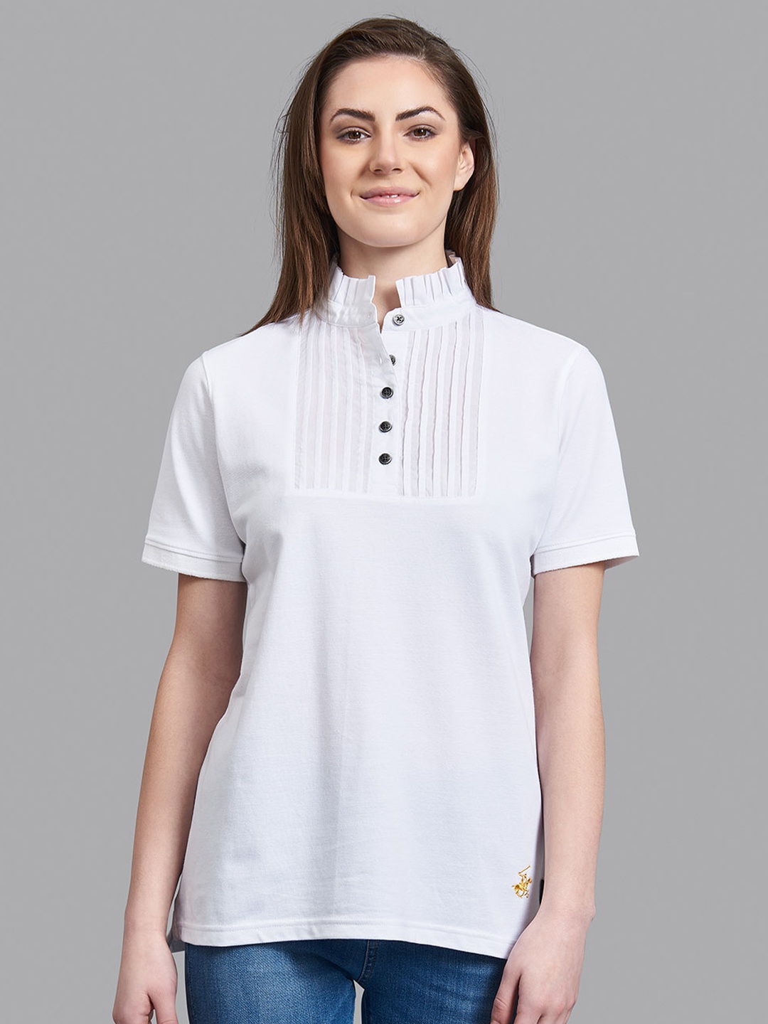 

Beverly Hills Polo Club Women White Mandarin Collar Regular-Fit T-shirt