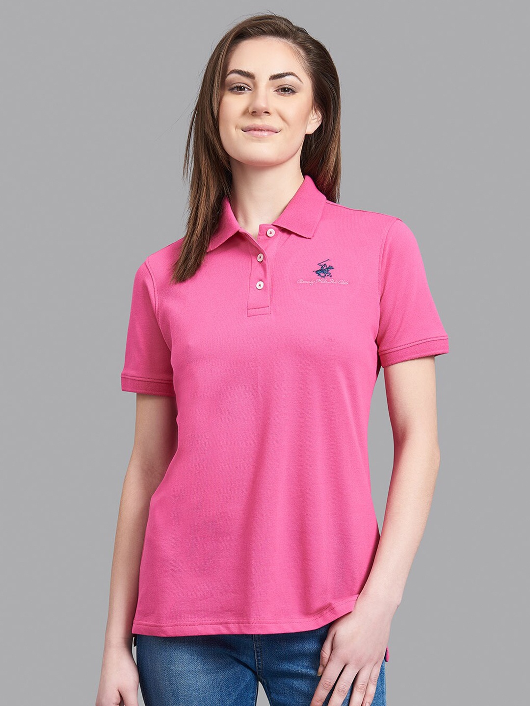 

Beverly Hills Polo Club Women Pink Polo Collar T-shirt