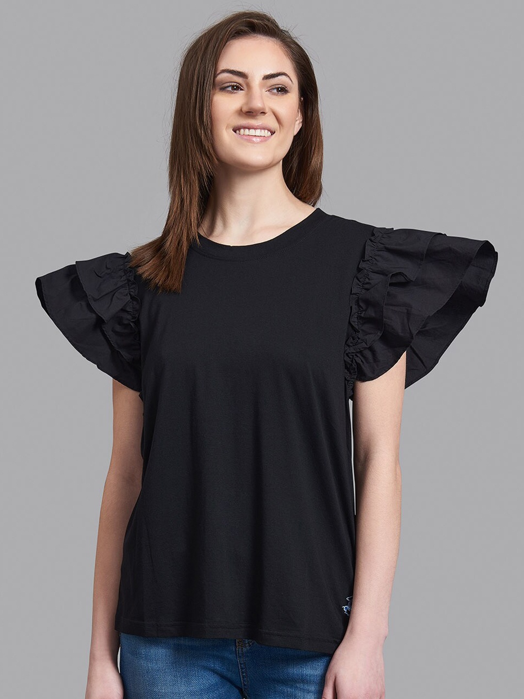 

Beverly Hills Polo Club Black Ruffles Power Shoulders Top