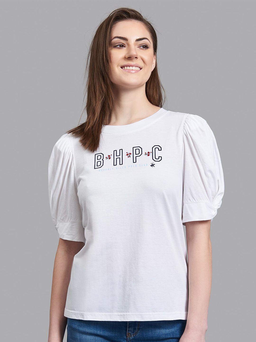 

Beverly Hills Polo Club Women White Typography Printed Puff Sleeves Regular Fit T-shirt