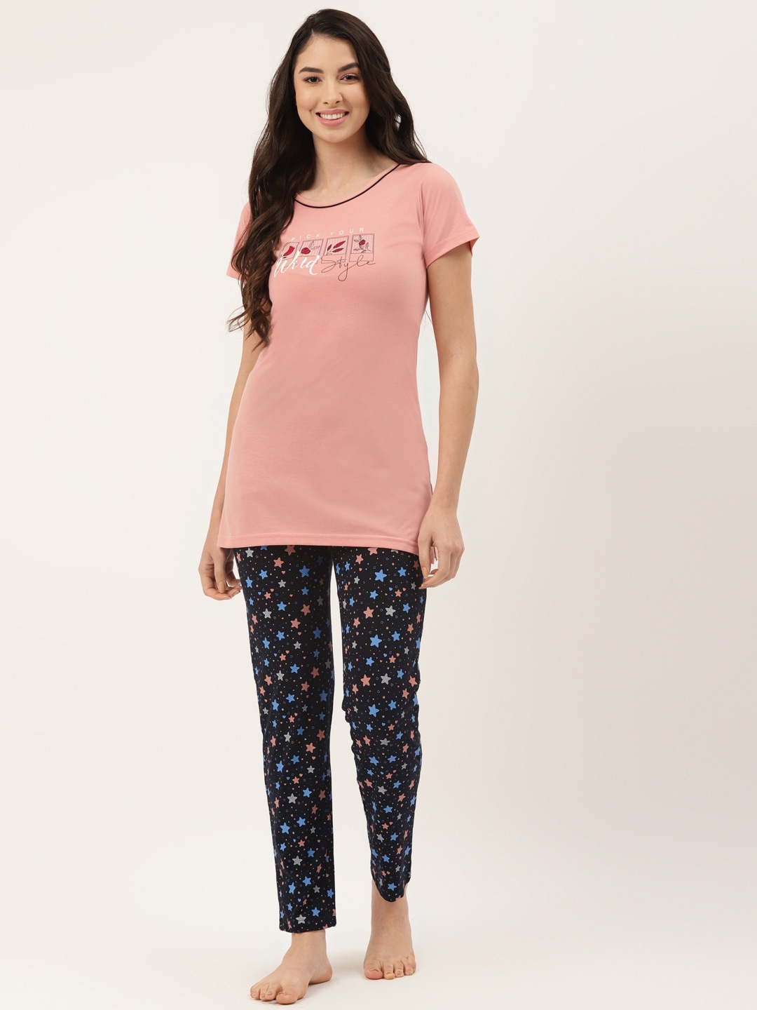 

BROOWL Women Peach-Coloured & Black Printed Pure Cotton Night suit
