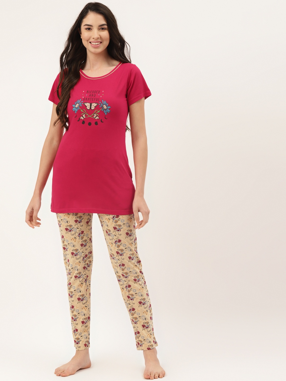 

BROOWL Women Pink & Cream-Coloured Printed Pure Cotton Night suit