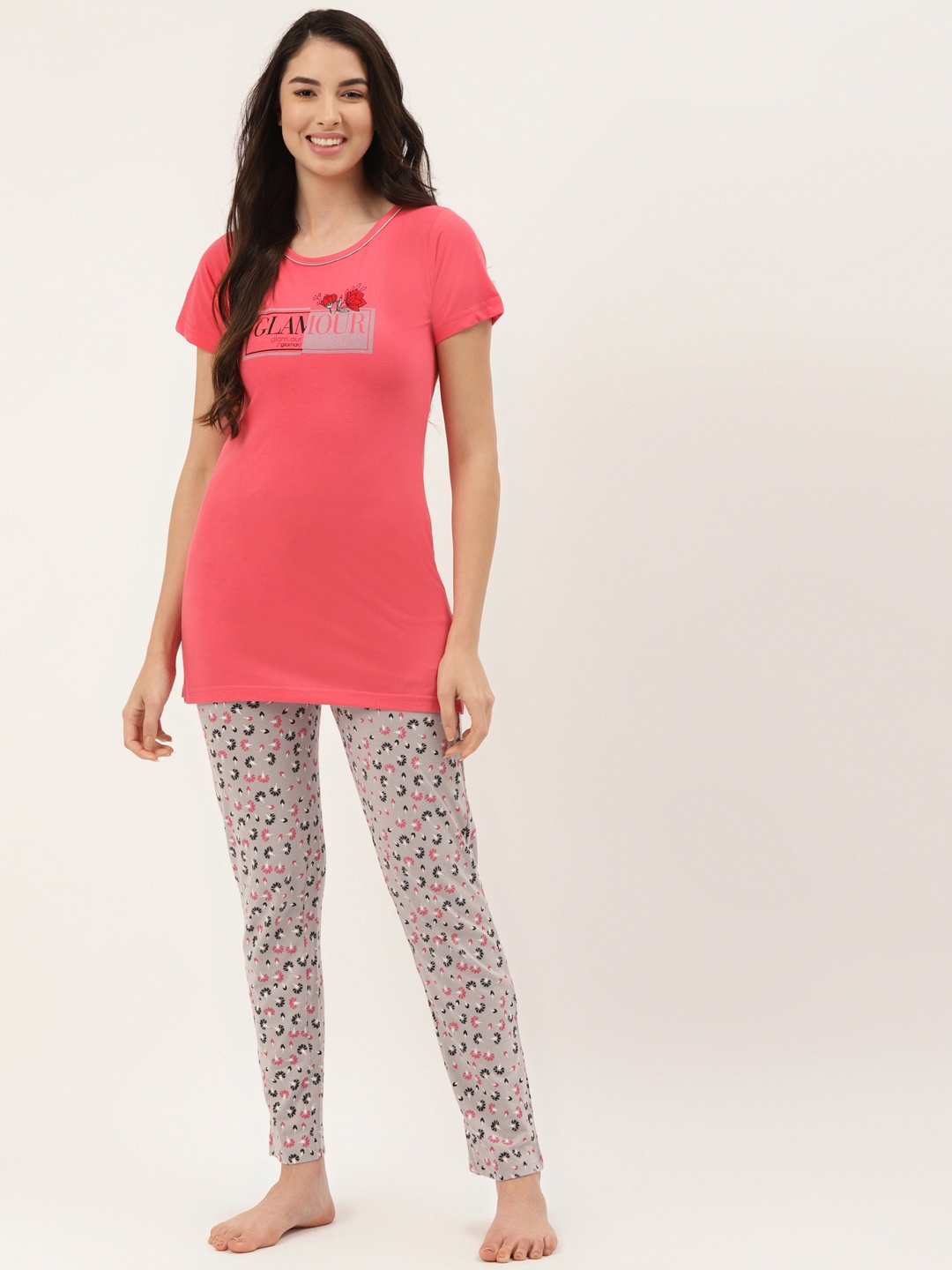 

BROOWL Women Coral & Grey Printed Pure Cotton Night suit