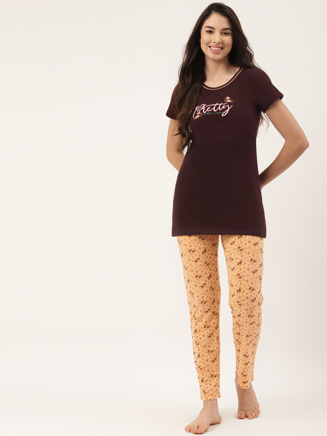 

BROOWL Women Brown & Beige Printed Pure Cotton Night suit