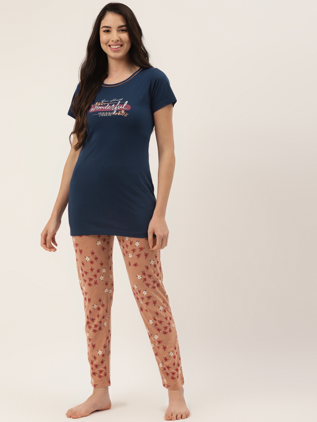 

BROOWL Women Blue & Peach-Coloured Printed Pure Cotton Night suit