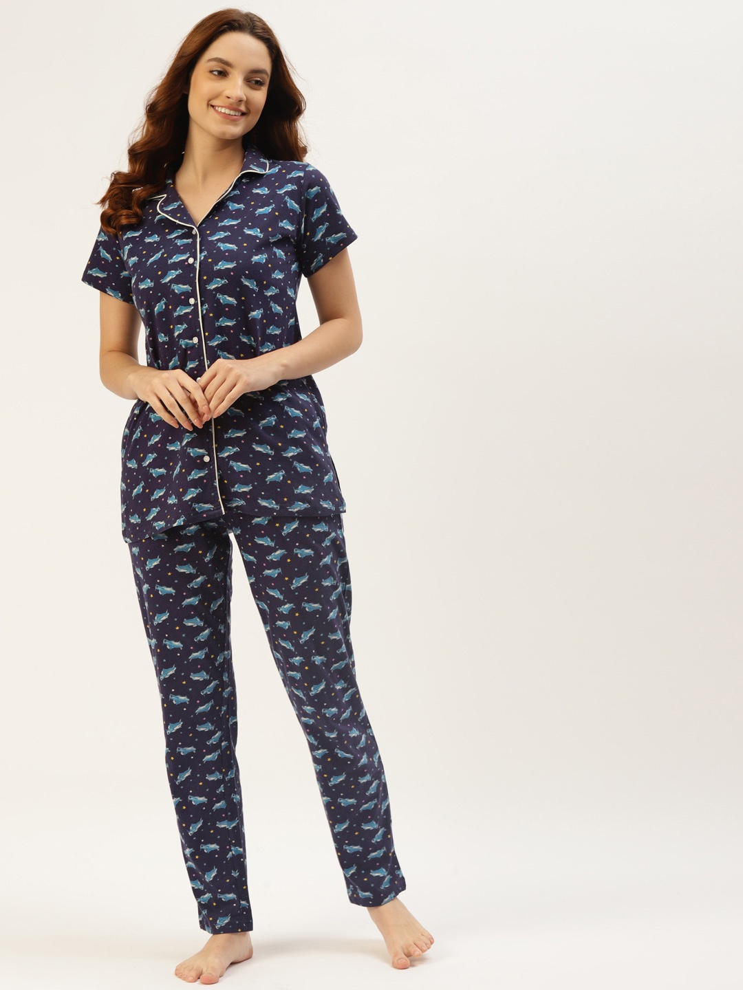 

BROOWL Women Navy Blue Conversational Printed Pure Cotton Pyjama Set