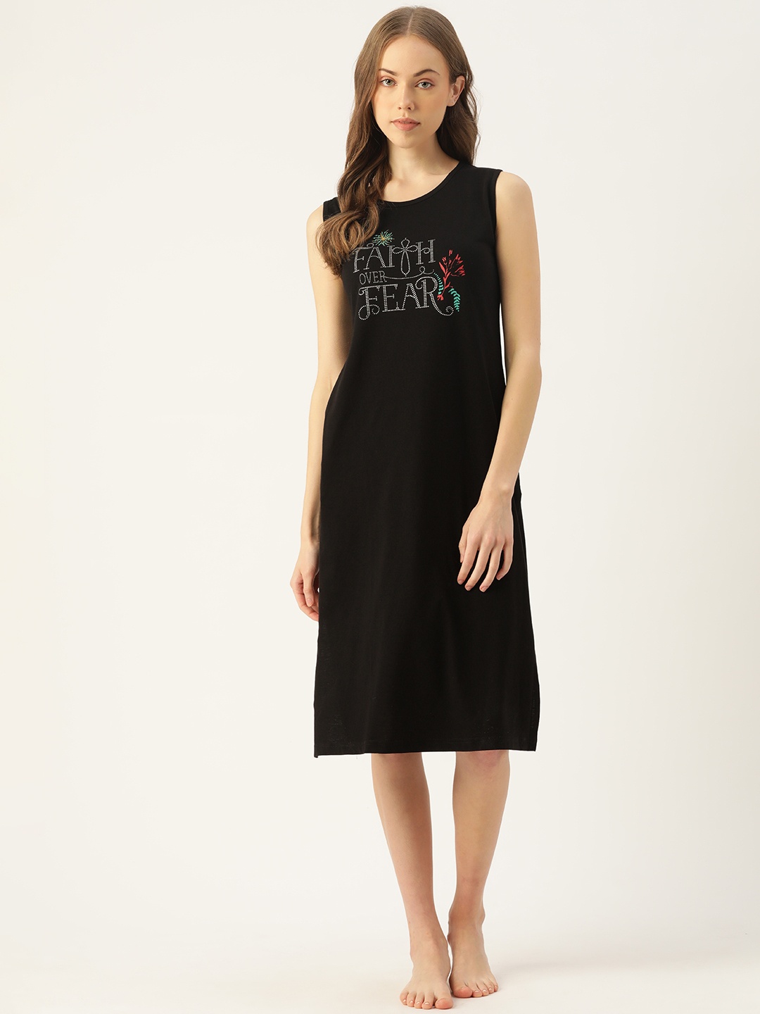 

BROOWL Black & White Typography Printed Cotton Midi T-Shirt Nightdress with Side Slits