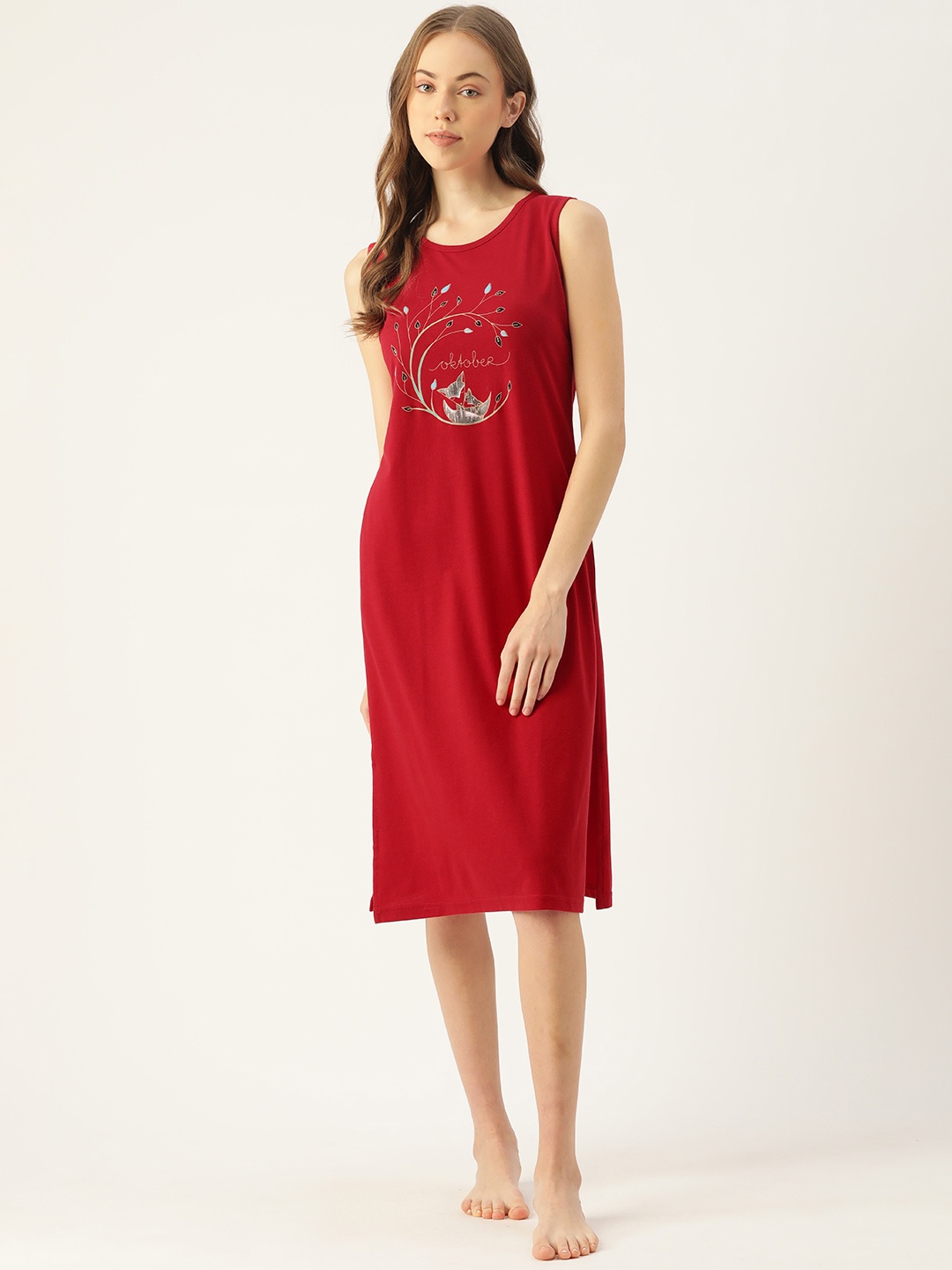 

BROOWL Red & Black Graphic Printed Cotton Midi T-Shirt Nightdress with Side Slits