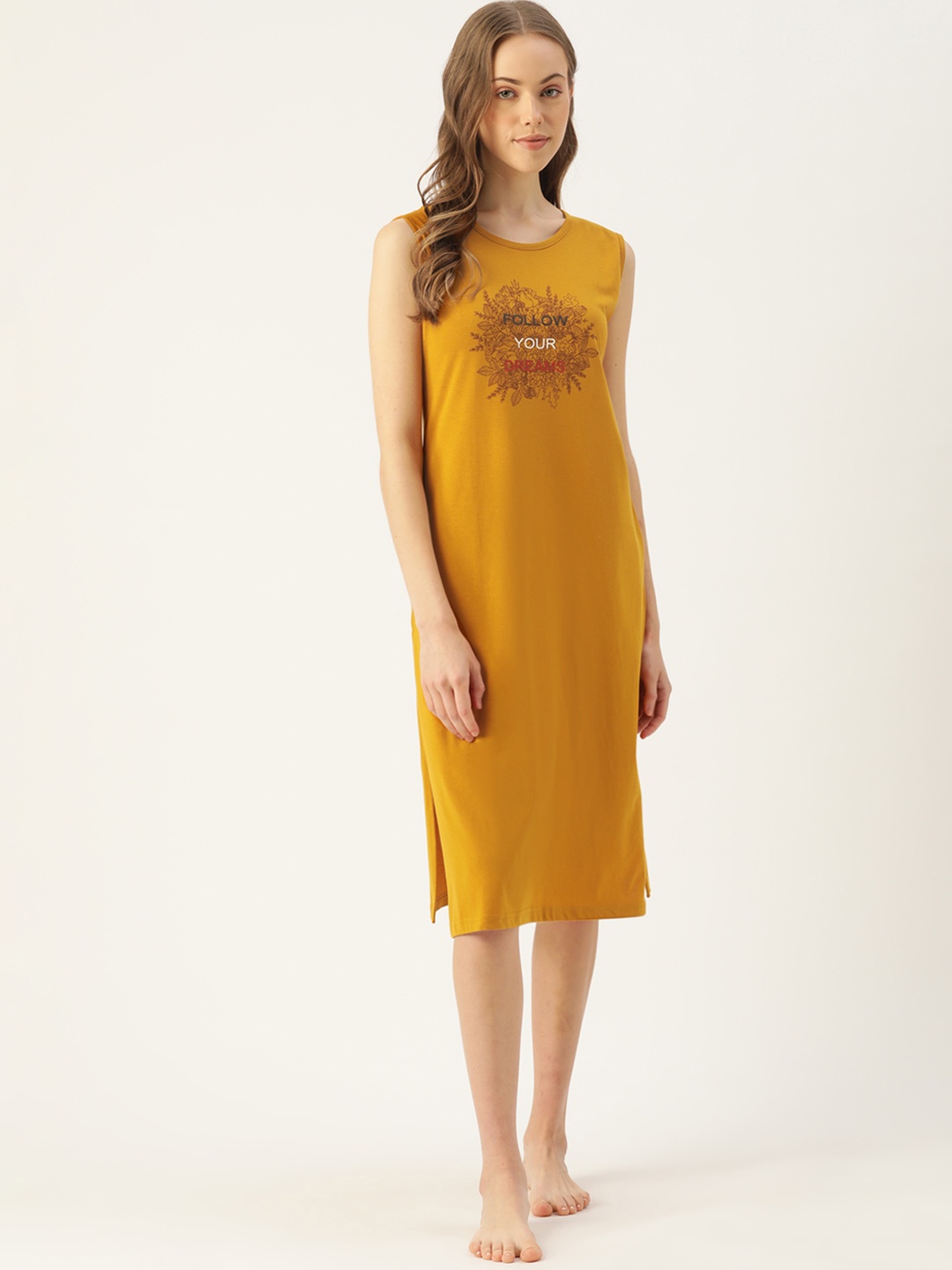 

BROOWL Mustard Yellow & Brown Floral Print Cotton Side Slits Midi T-Shirt Nightdress