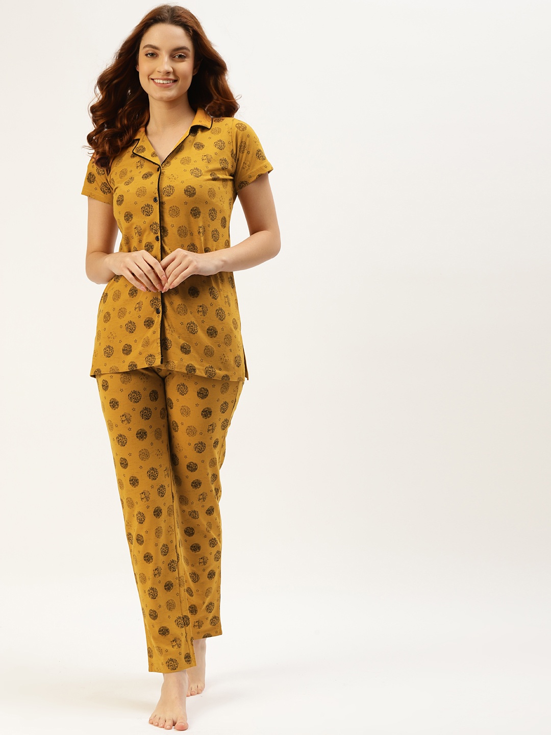

BROOWL Women Mustard & Black Conversational Print Pure Cotton Pyjama Set