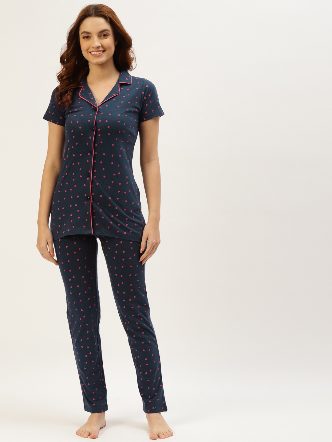 

BROOWL Women Navy Blue & Red Conversational Print Pure Cotton Pyjama Set