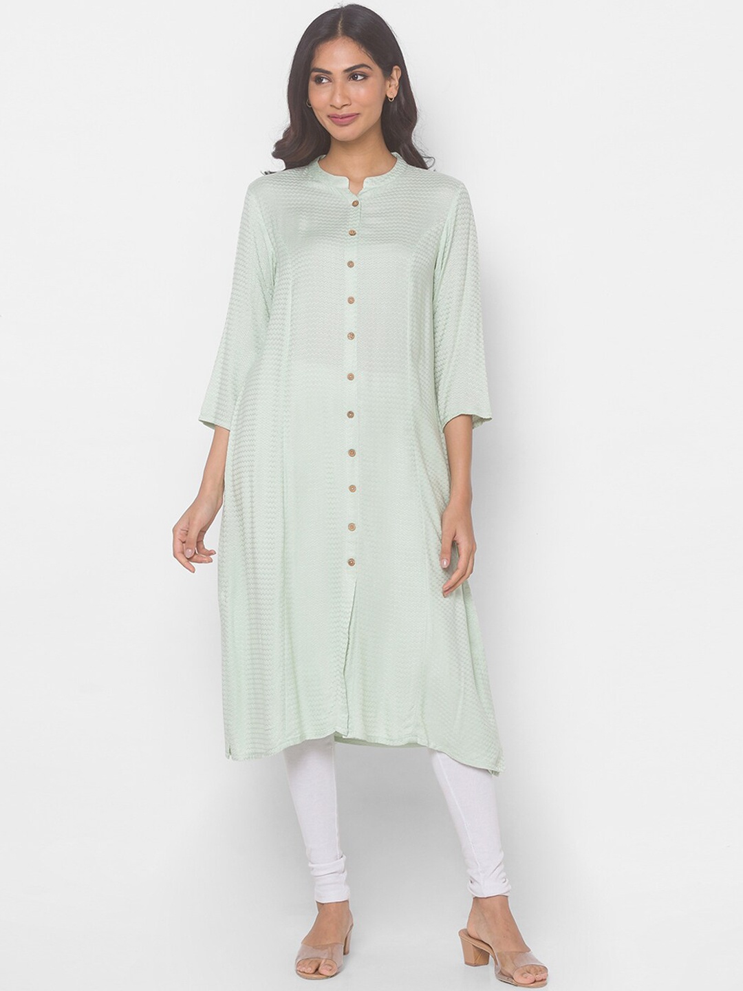 

Globus Women Sage Green Woven Design Mandarin Collar Kurta