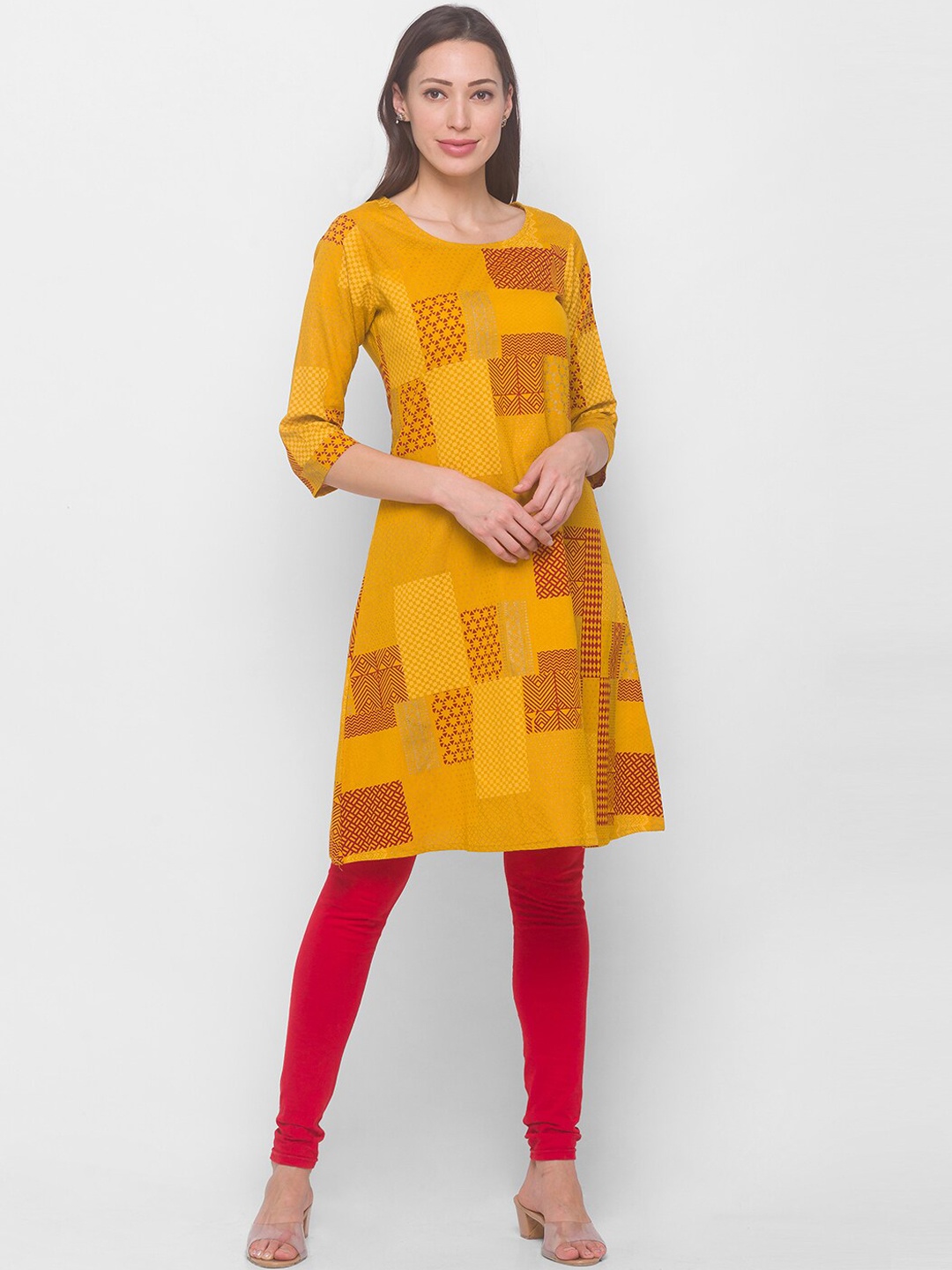 

Globus Women Mustard Yellow Geometric Checked Kurta