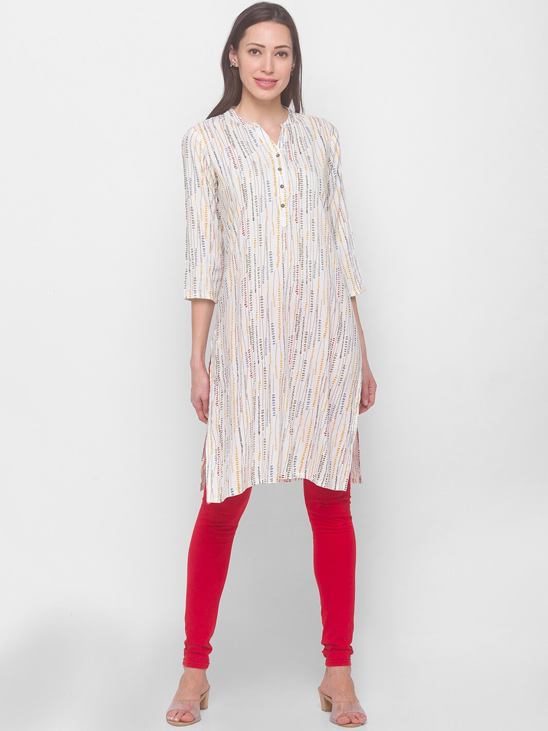 Globus Women Off White Striped Thread Work Kurta