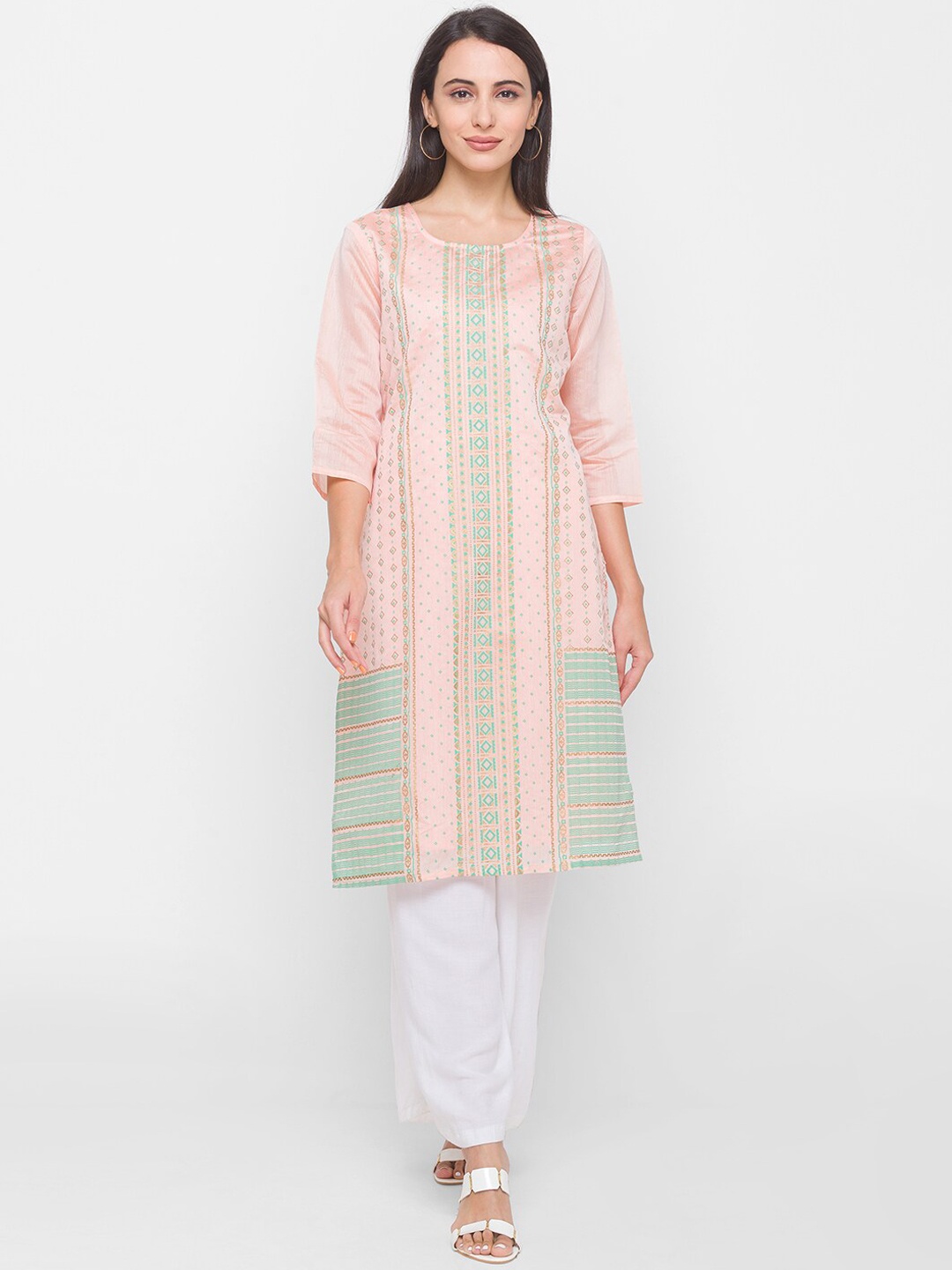 

Globus Women Pink Ethnic Motifs Chanderi Silk A-Line Kurta