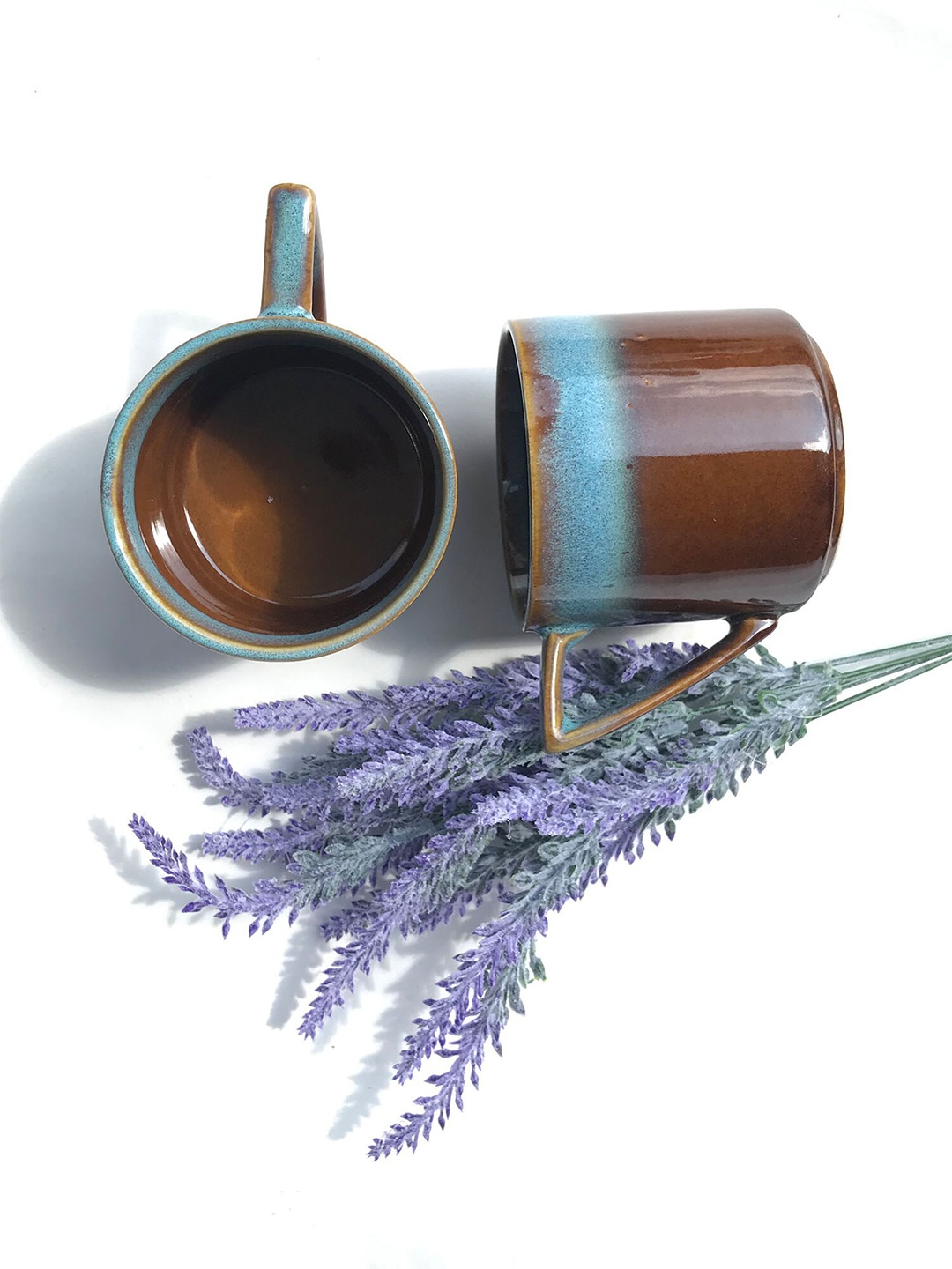 

Folkstorys Brown & Blue Set of 2 Colourblocked Glossy Cups