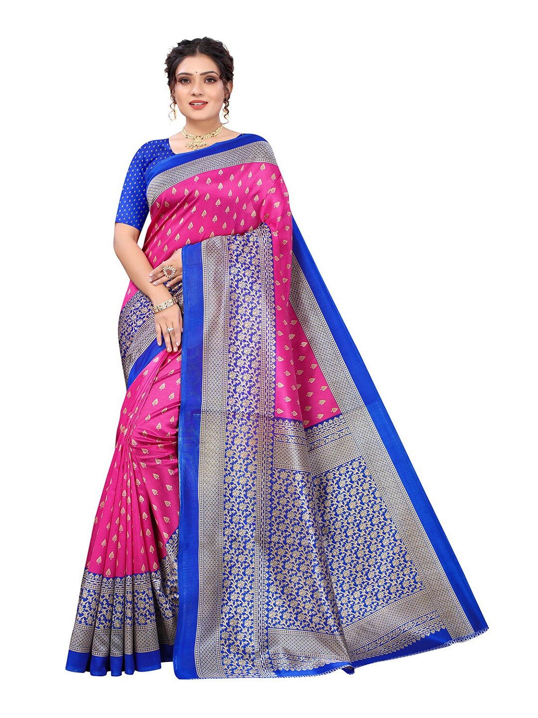 

KALINI Pink & Blue Floral Printed Art Silk Saree
