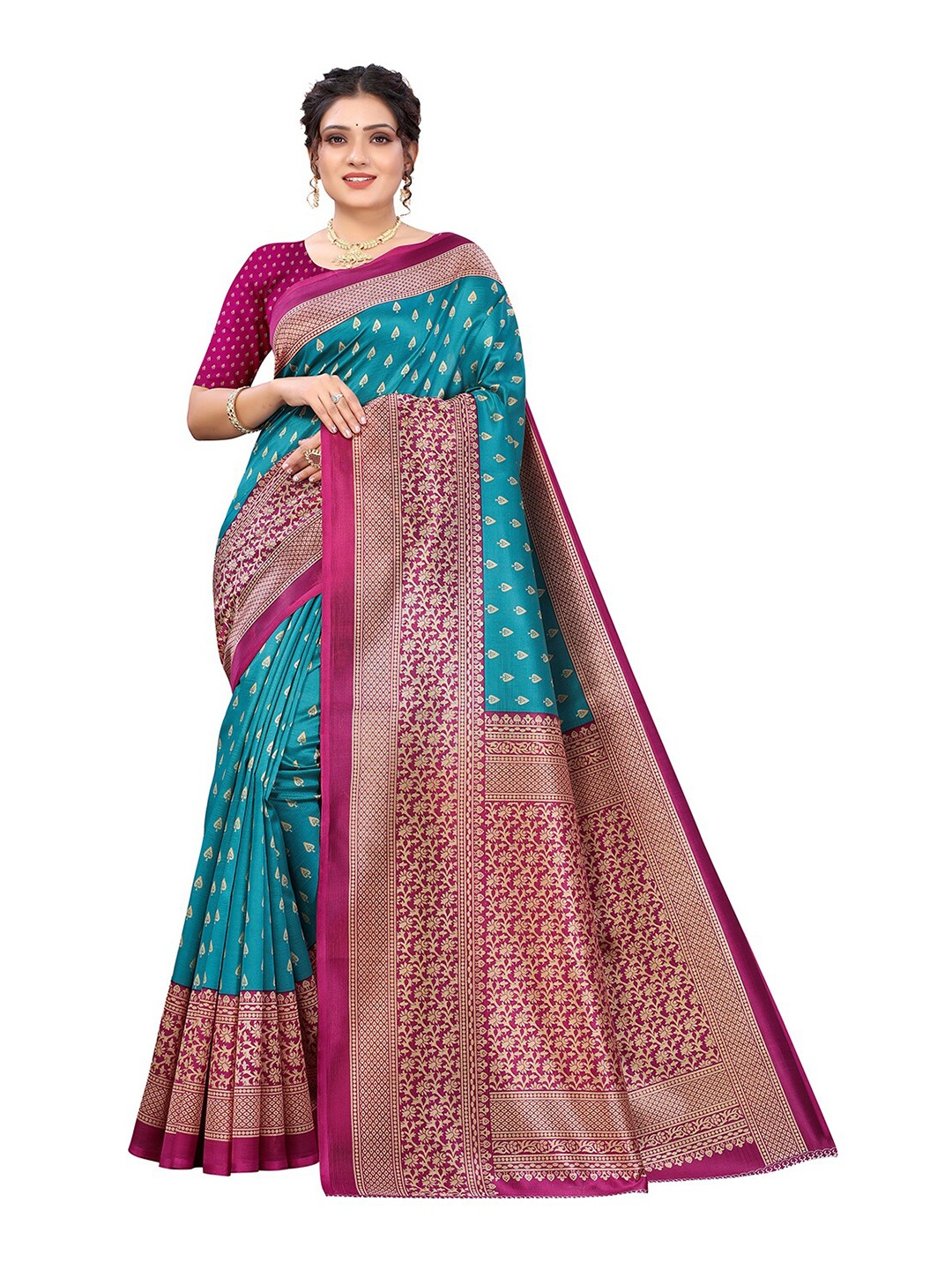 

KALINI Turquoise Blue & Pink Ethnic Motifs Art Silk Saree