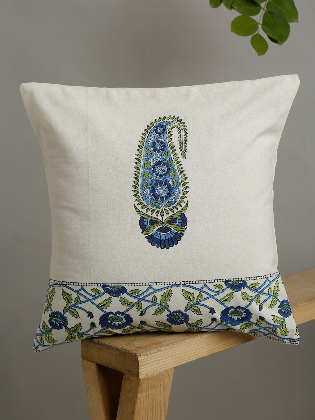 

EK BY EKTA KAPOOR White & Blue Ethnic Hand Block Print16 x 16 Single Square Cushion Covers