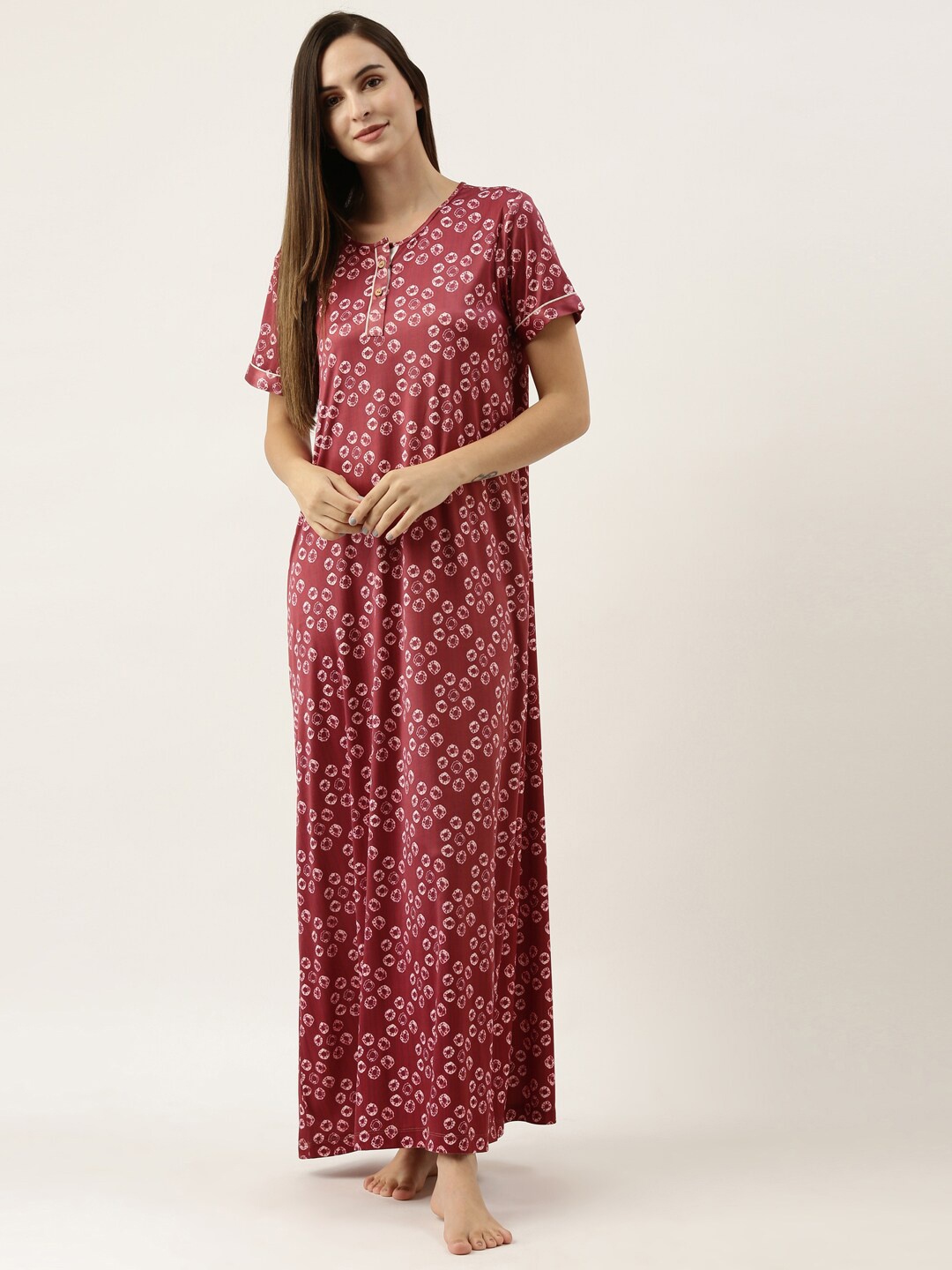 

Bannos Swagger Red Bandhej Printed Maxi Nightdress