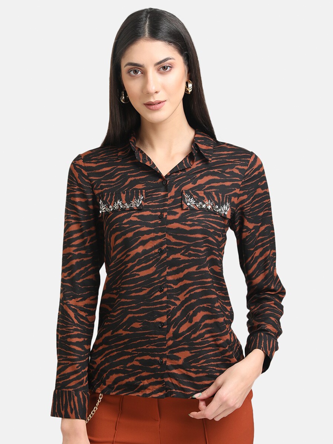 

Kazo Women Brown Regular Fit Animal Printed Casual Shirt