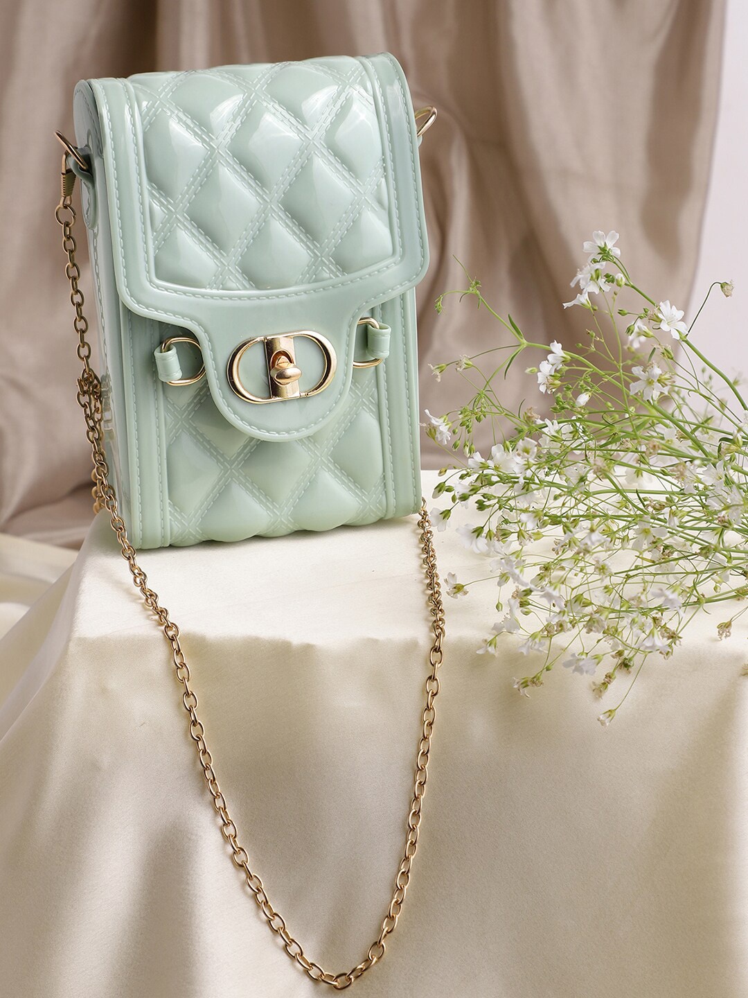 

Athena Green & Gold-Toned Textured Quilted Envelope Clutch