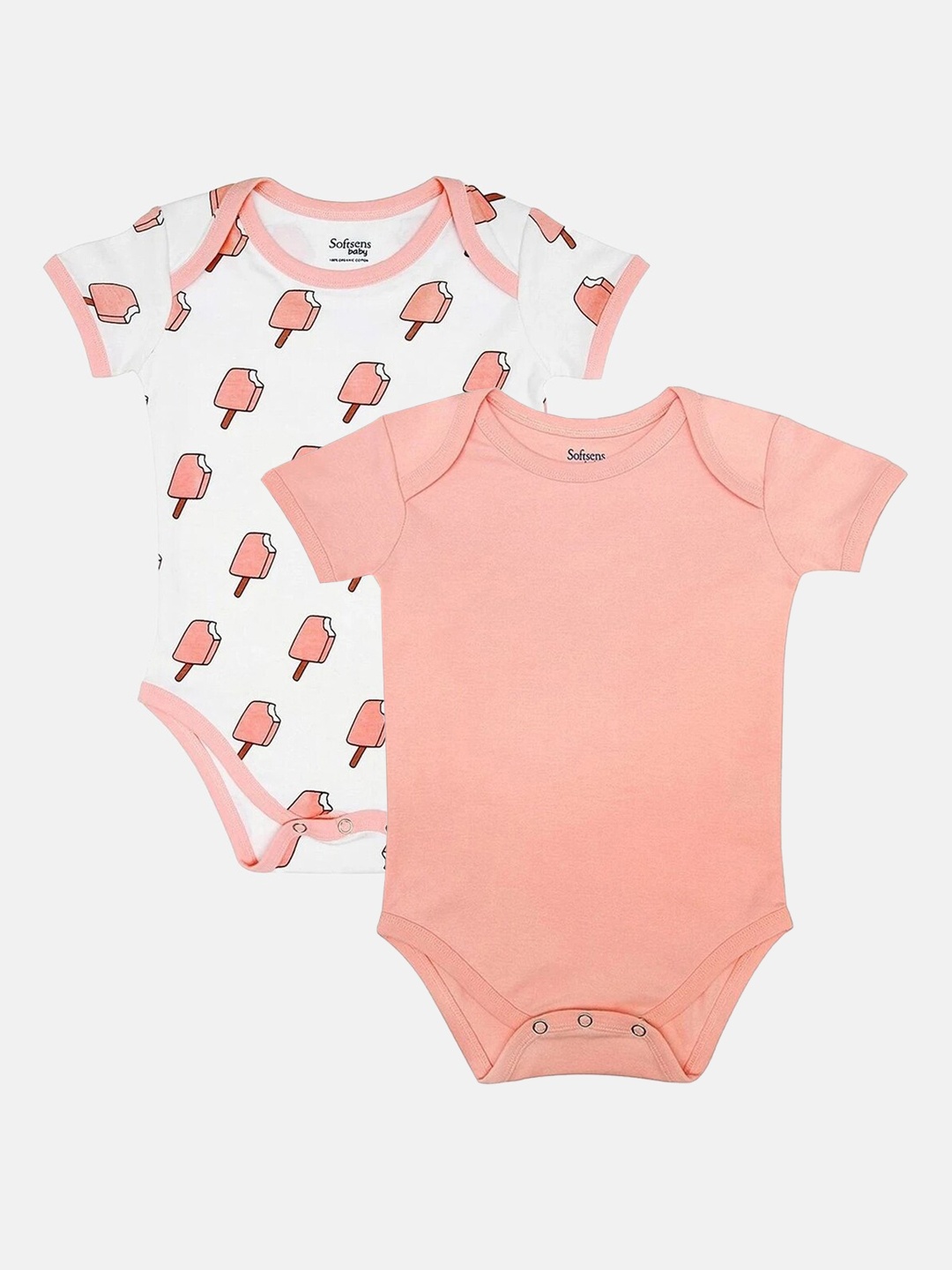 

Softsens Kids Pack Of 2 Printed Pure Organic Cotton Bodysuits, White