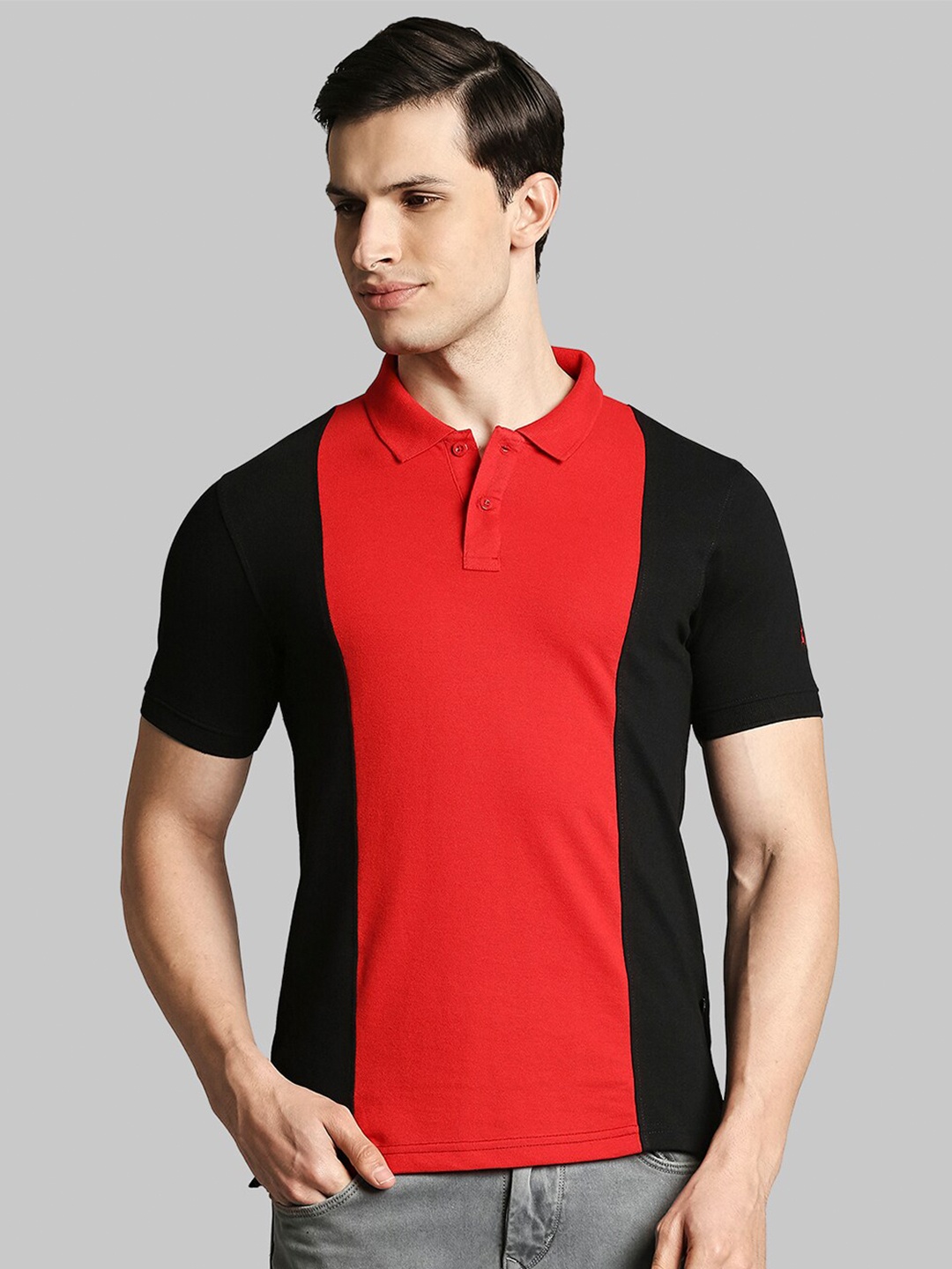 

Parx Men Red & Black Colourblocked Cotton Polo Collar T-shirt