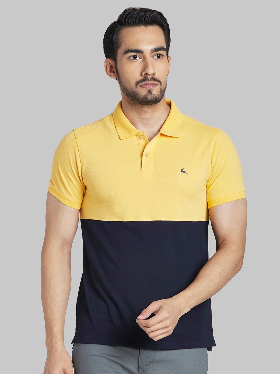 

Parx Men Yellow & Navy Blue Colourblocked Polo Collar Regular Fit T-shirt