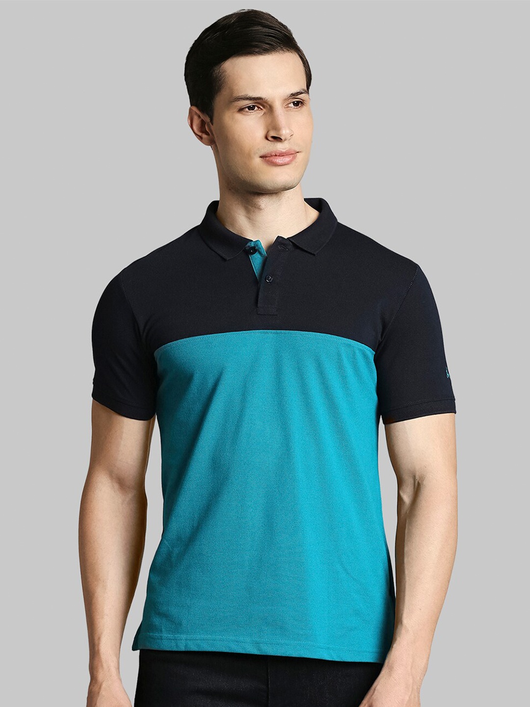

Parx Men Teal & Black Colourblocked Polo Collar Regular Fit Cotton T-shirt