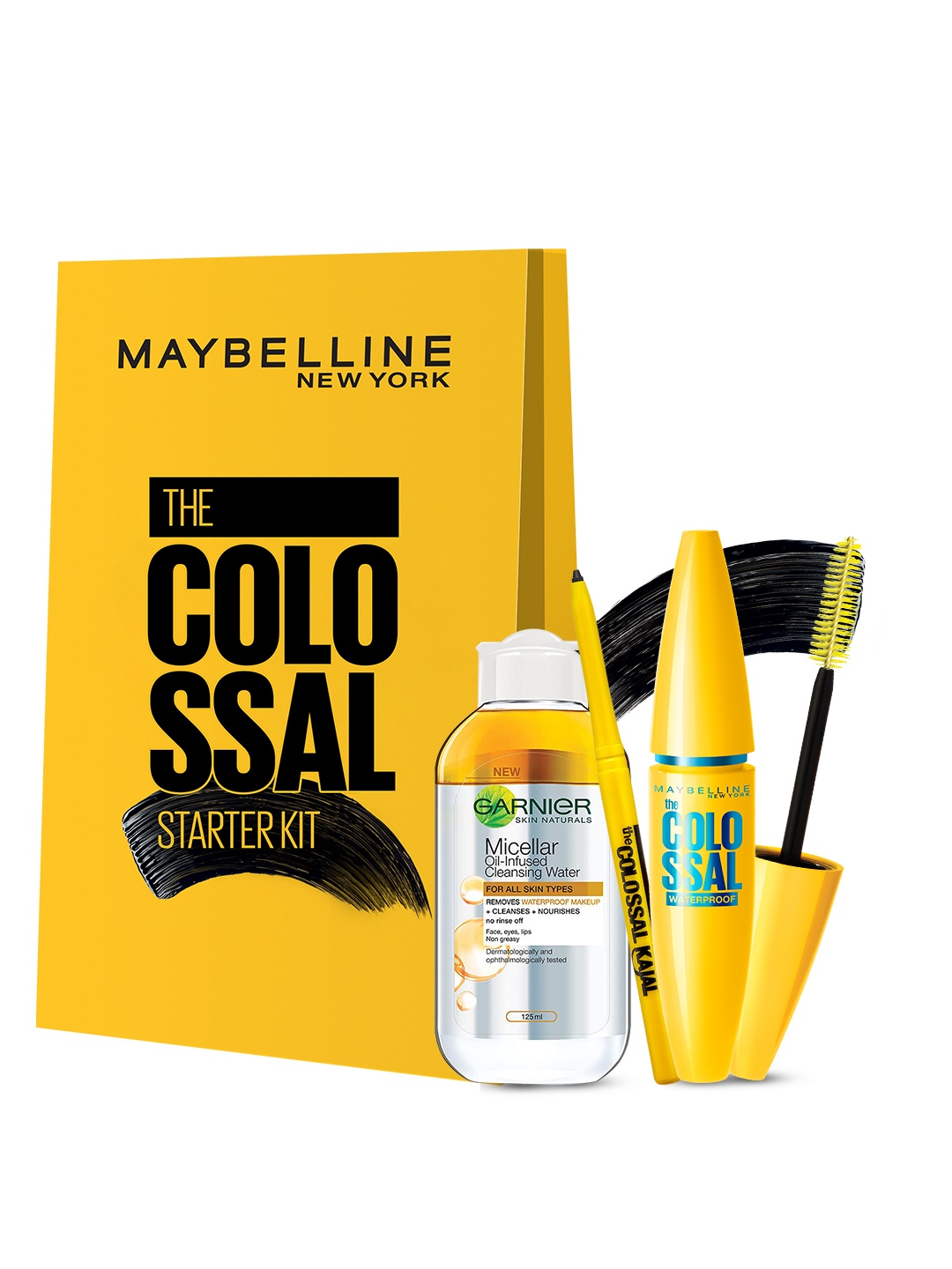 

Maybelline New York Set of Colossal Mascara-Kajal & Garnier Micellar Oil-Cleansing Water, Black