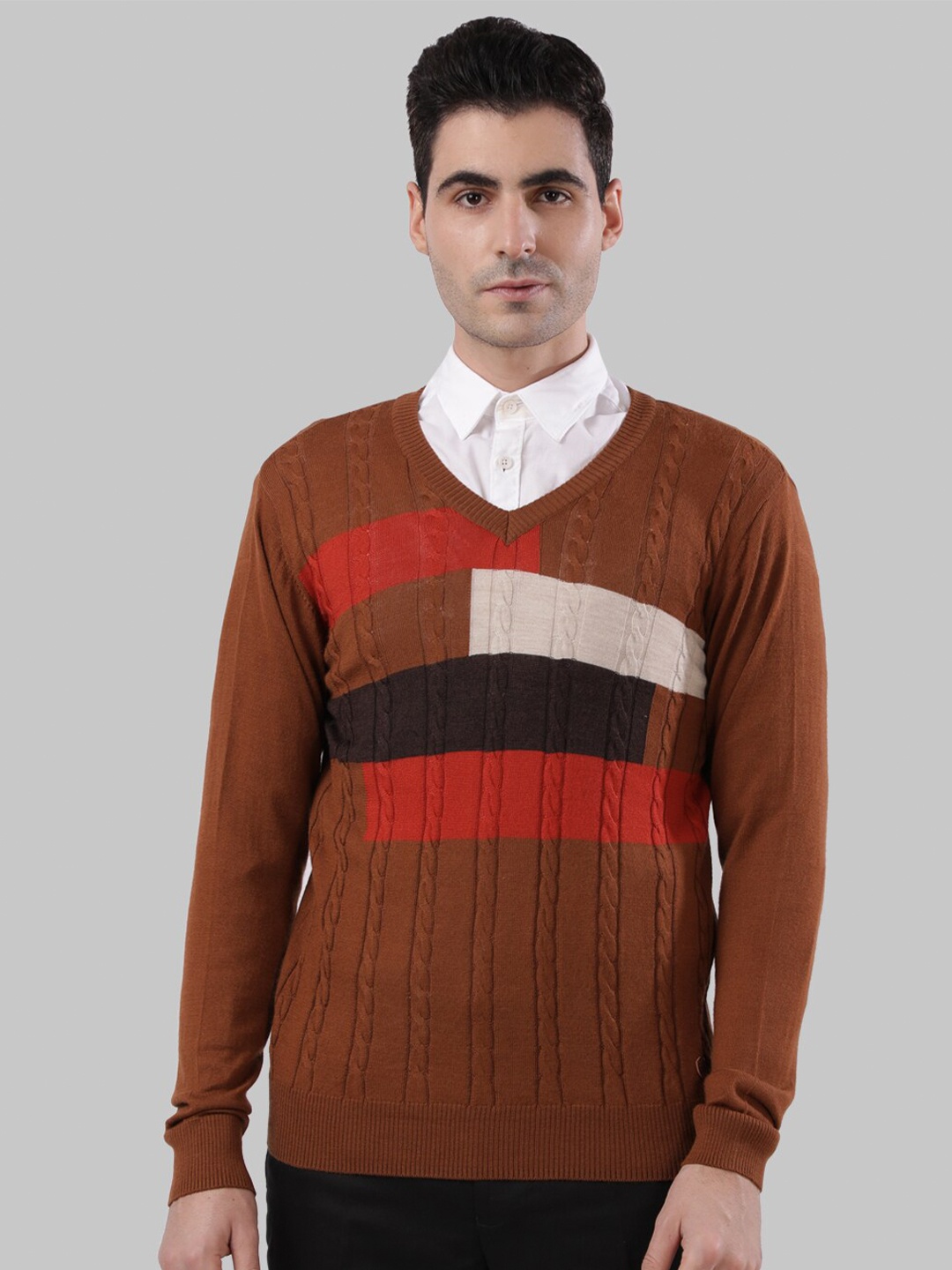 

Raymond Men Brown & Orange Cable Knit Pullover Sweater