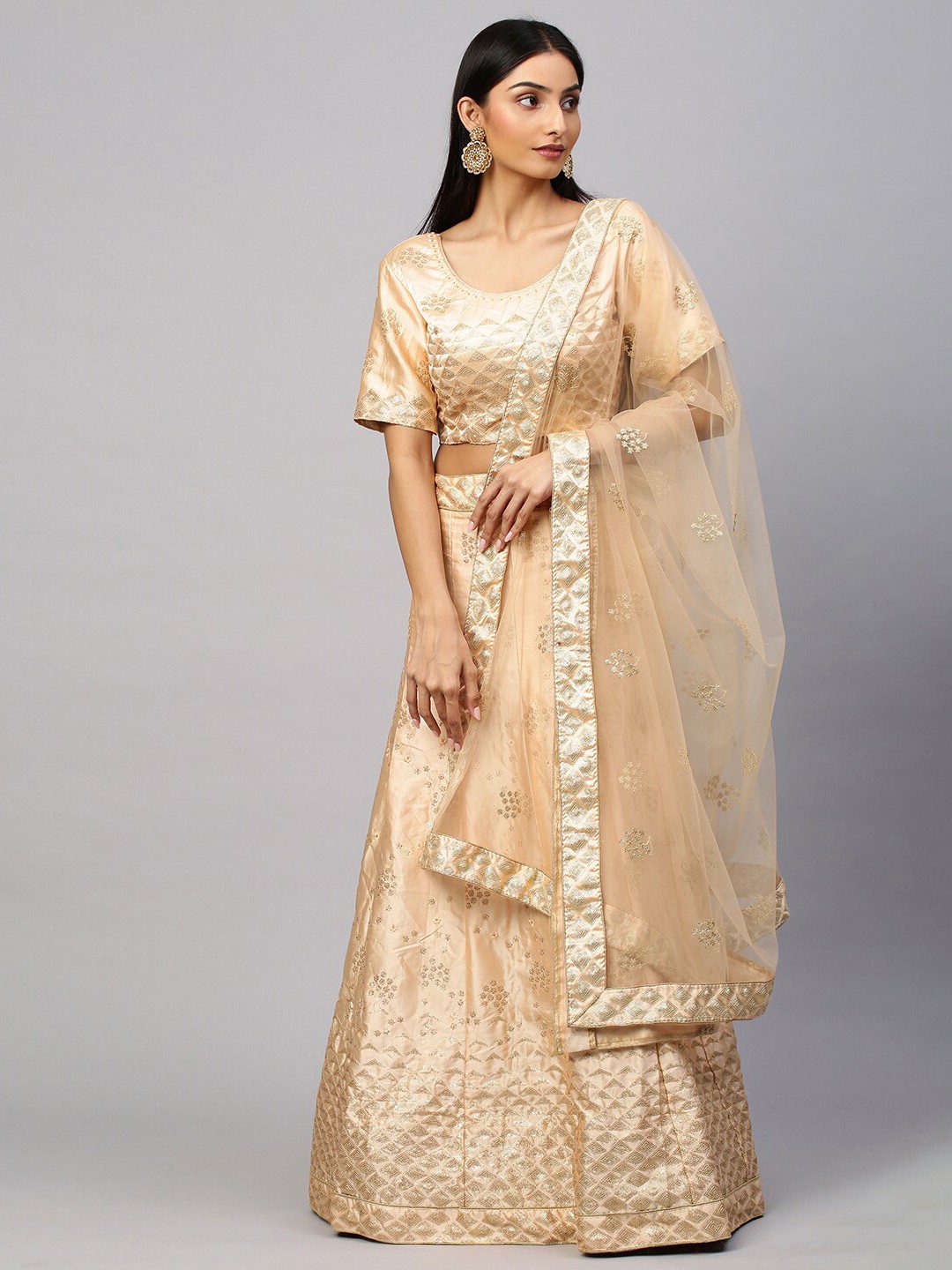 

RedRound Peach & Golden Embroidered Semi-Stitched Lehenga & Unstitched Blouse With Dupatta