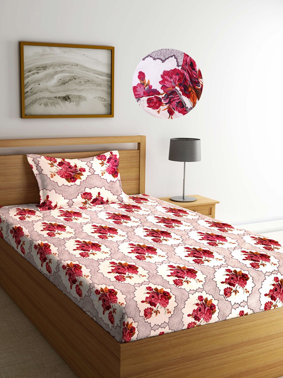 

Arrabi Cream-Coloured & White Floral 300 TC Fitted Single Bedsheet with 1 Pillow Covers