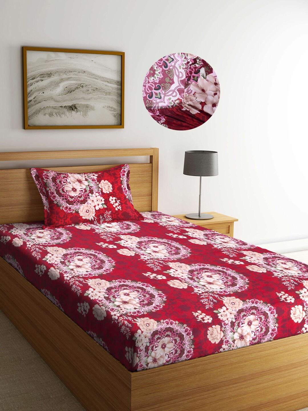 

Arrabi Red & White Floral 300 TC Single Bedsheet with 1 Pillow Covers