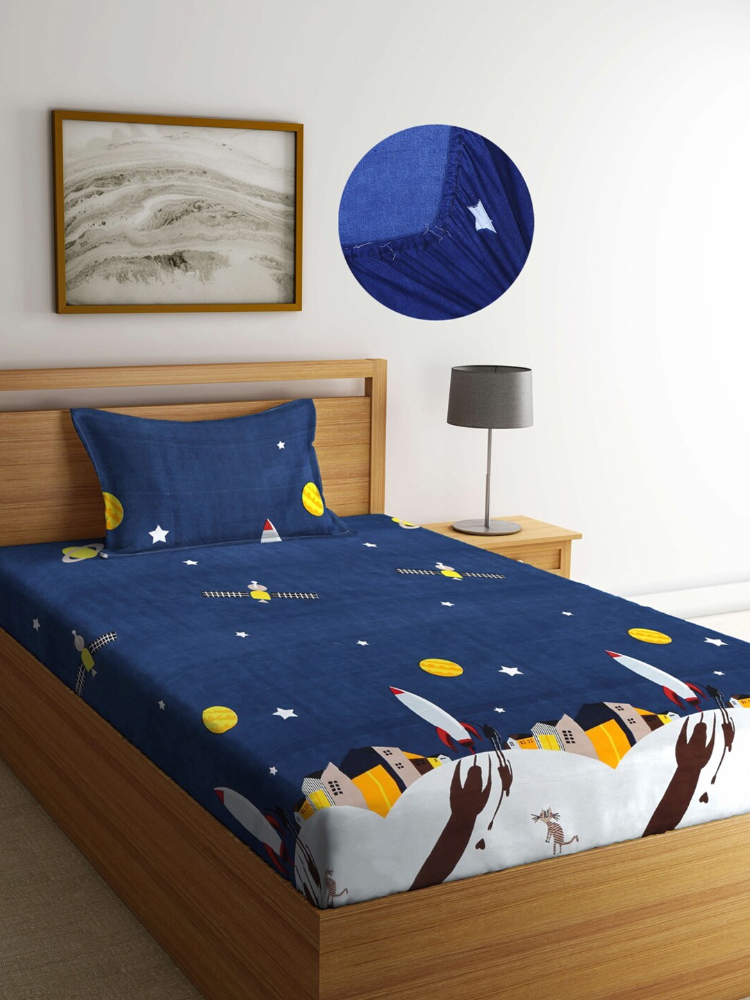 

Arrabi Blue Printed 200 TC Single Bedsheet with 1 Pillow Cover