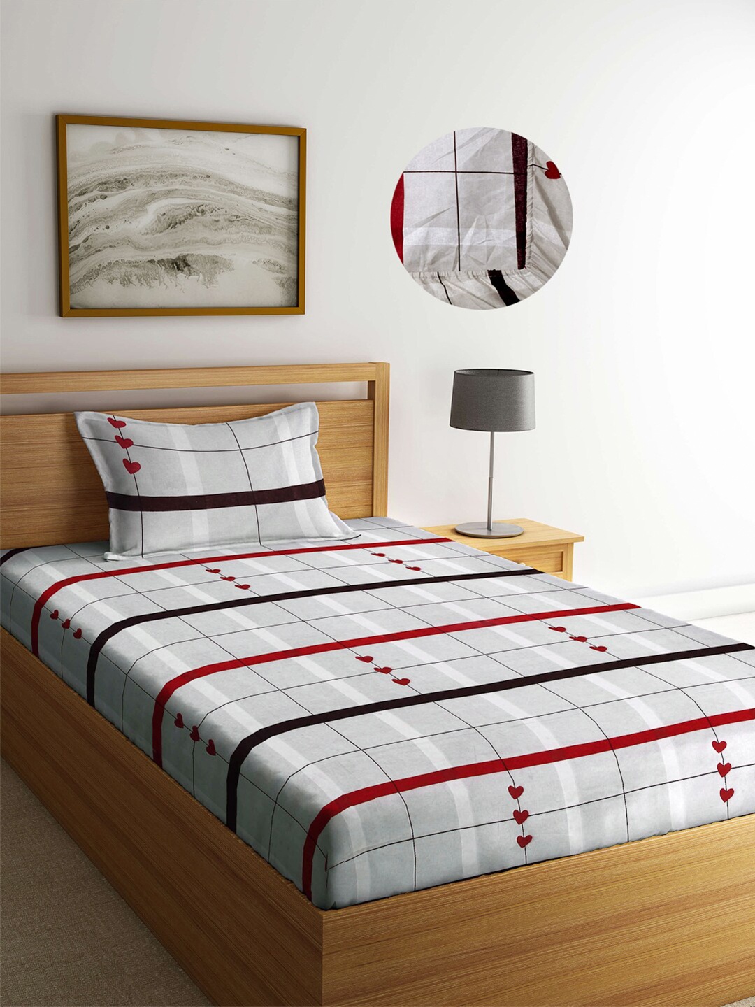 

Arrabi Grey Geometric 300 TC Cotton Blend Single Size Fitted Bedsheet with 1 Pillow Cover