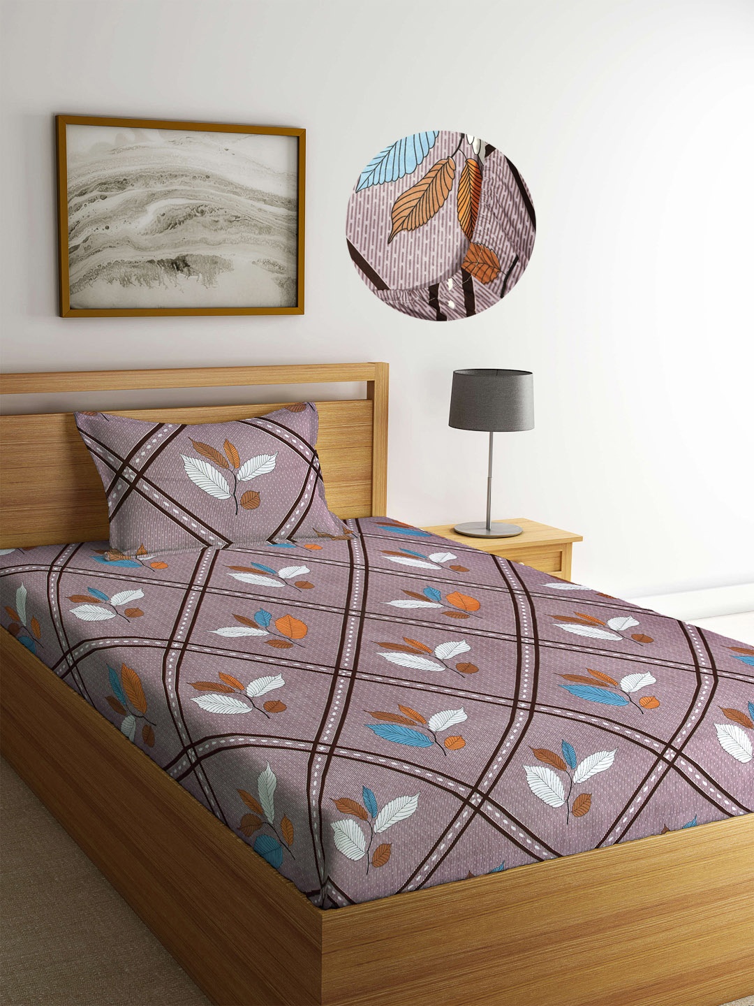 

Arrabi Brown Leaf 300 TC Cotton Blend Single Size Fitted Bedsheet with 1 Pillow Cover
