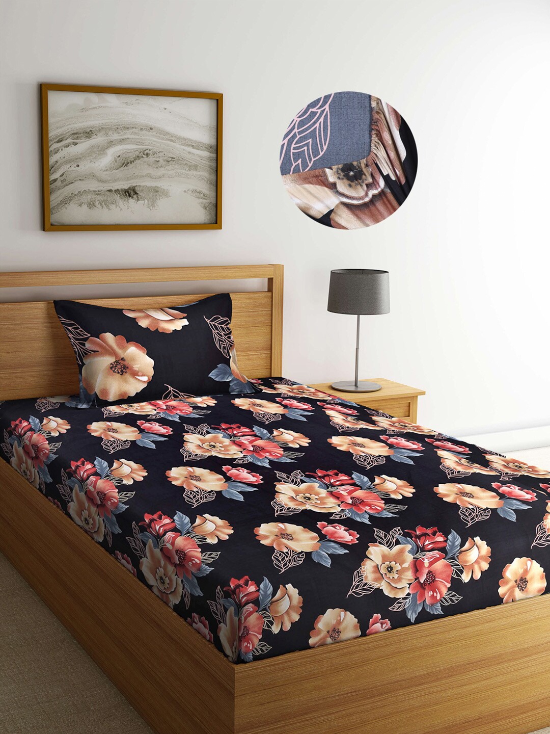 

Arrabi Black Floral 300 TC Cotton Blend Single Size Fitted Bedsheet with 1 Pillow Cover