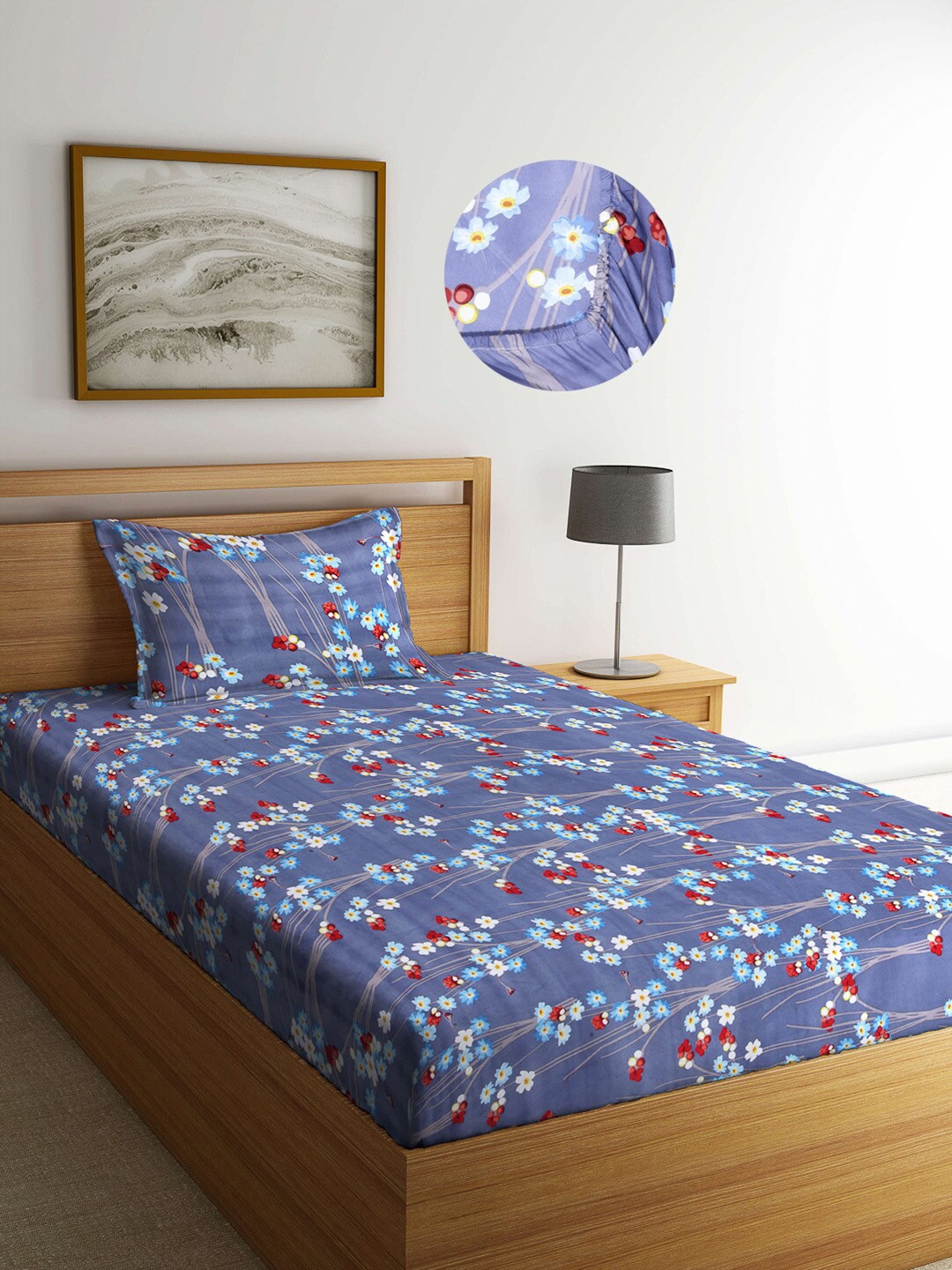 

Arrabi Grey Floral 300 TC Cotton Blend Single Size Fitted Bedsheet with 1 Pillow Cover