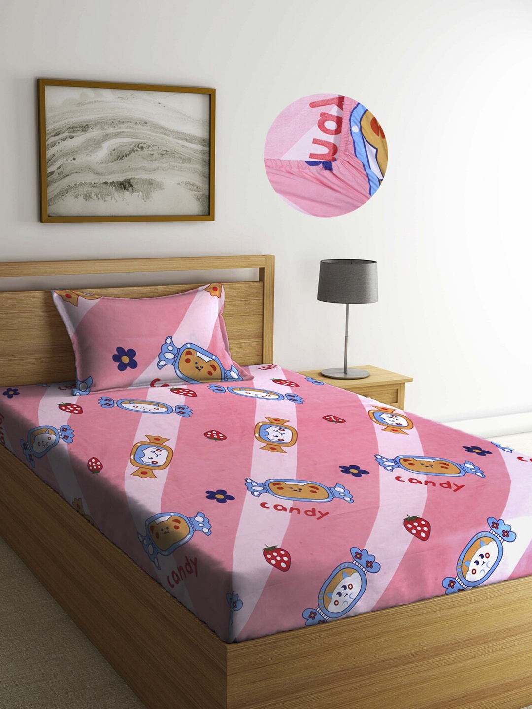 

Arrabi Pink Cartoon 300 TC Cotton Blend Single Size Fitted Bedsheet with 1 Pillow Cover