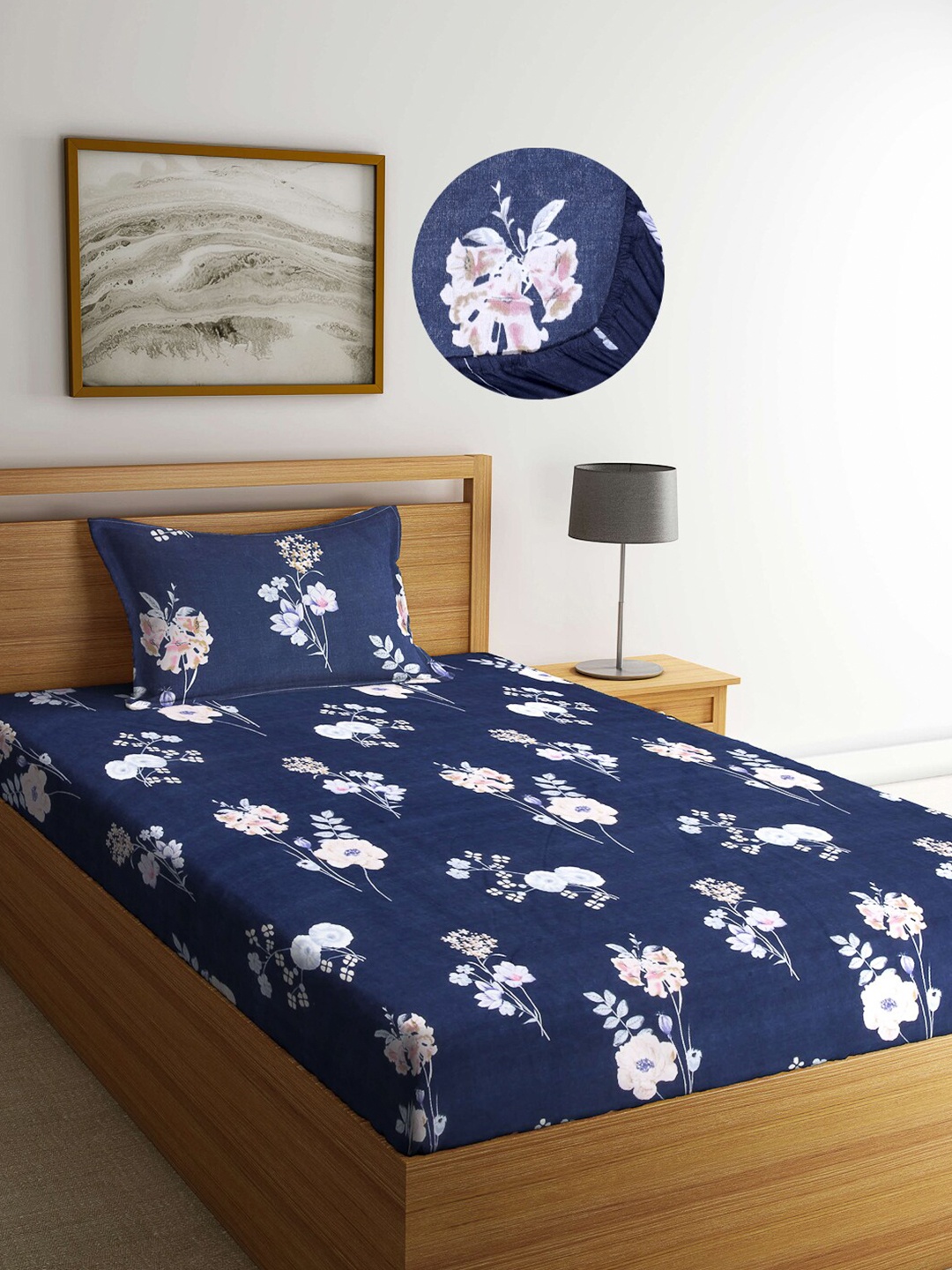 

Arrabi Blue & White Floral Printed 300 TC Fitted Single Bedsheet with 1 Pillow Covers