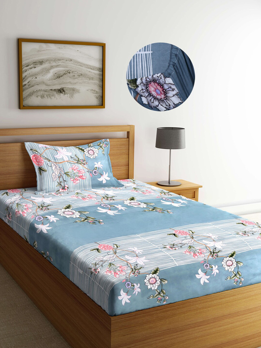 

Arrabi Blue & White Floral 300 TC Fitted Single Bedsheet with 1 Pillow Covers