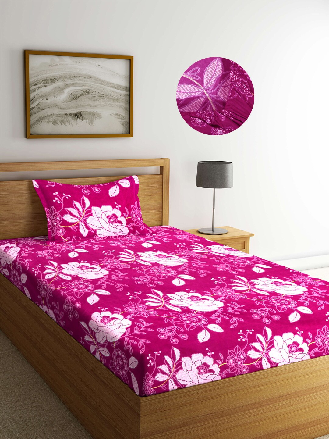 

Arrabi Pink Floral Printed 300 TC Single Fitted Bedsheet with 1 Pillow Cover