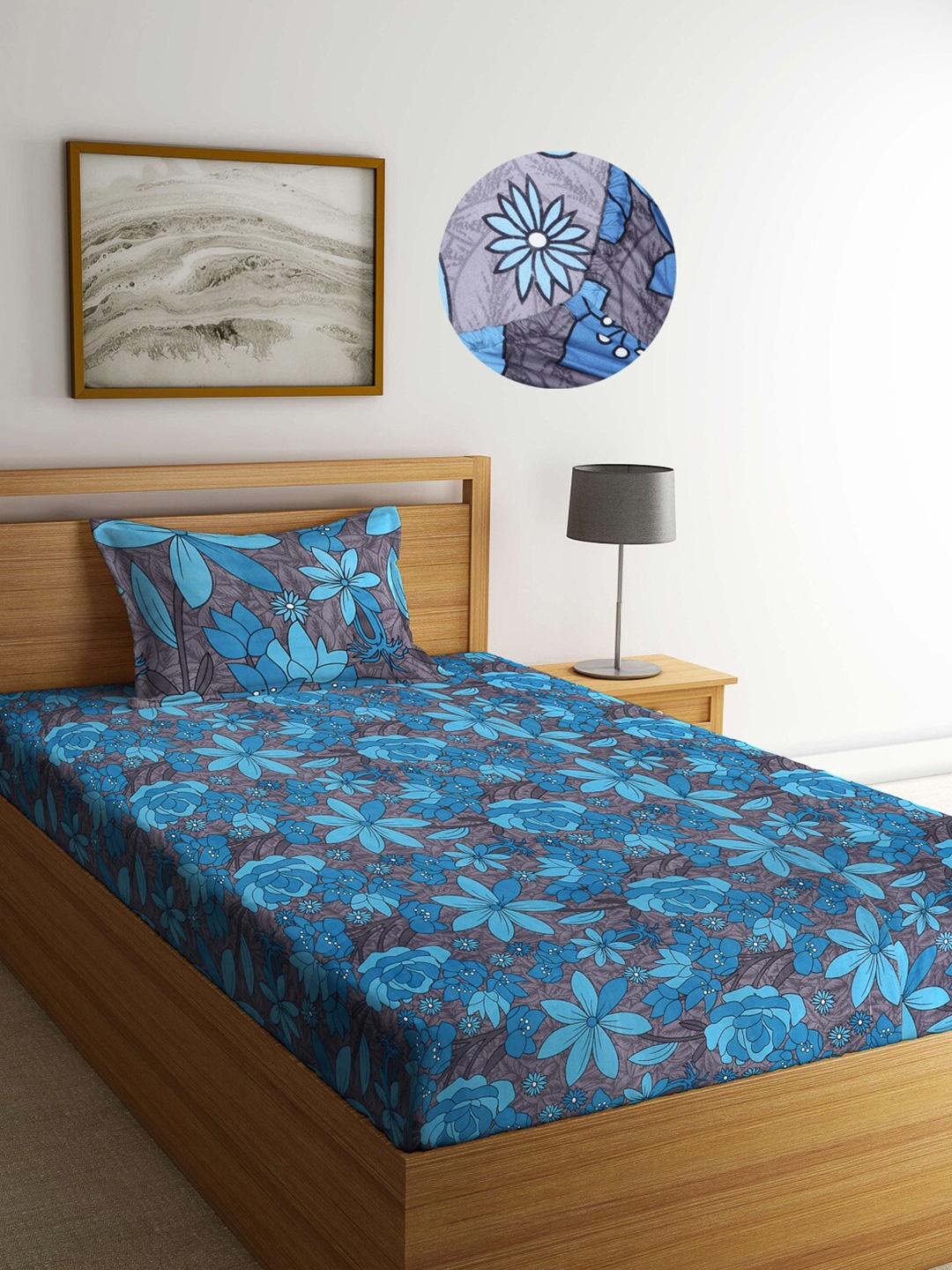 

Arrabi Blue Floral 300 TC Cotton Blend Single Size Fitted Bedsheet with 1 Pillow Cover