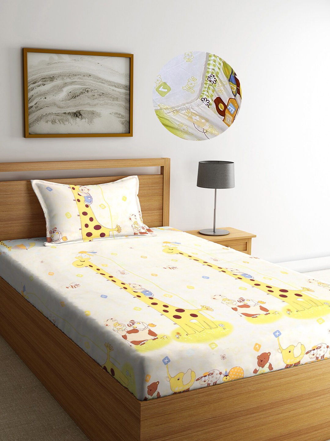 

Arrabi Yellow Cartoon 300 TC Cotton Blend Single Size Fitted Bedsheet with 1 Pillow Cover