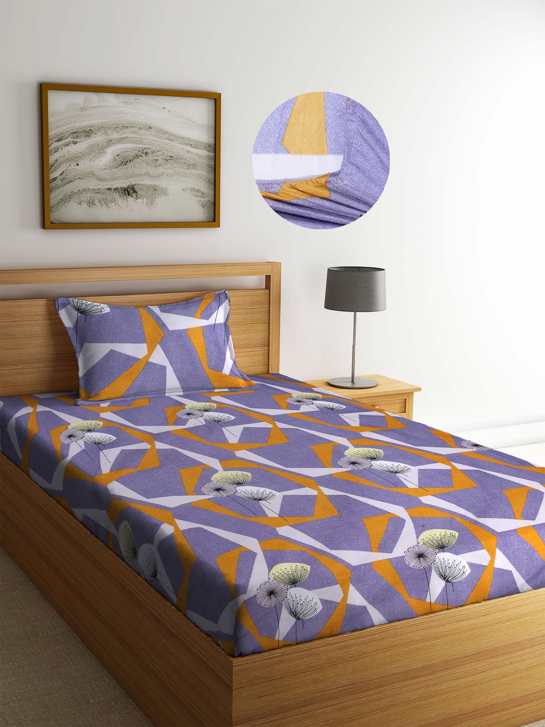 

Arrabi Grey Floral 300 TC Cotton Blend Single Size Fitted Bedsheet with 1 Pillow Cover, Purple