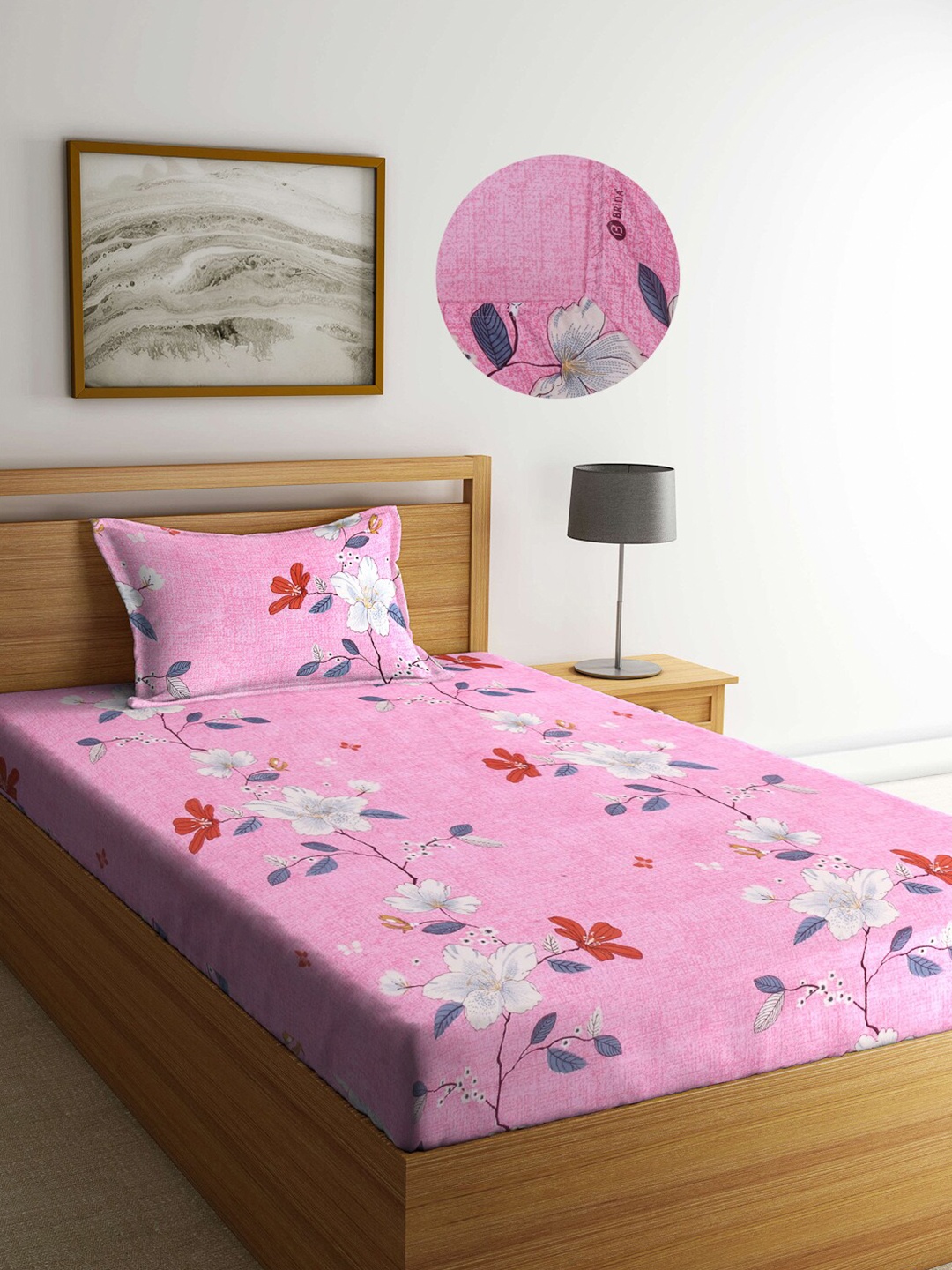 

Arrabi Pink Floral 300 TC Cotton Blend Single Size Fitted Bedsheet with 1 Pillow Cover