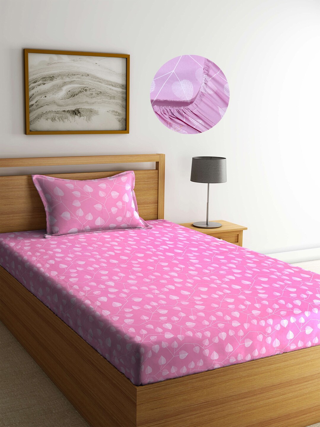 

Arrabi Pink & White Leaf Printed 300 TC Fitted Single Bedsheet with 1 Pillow Covers