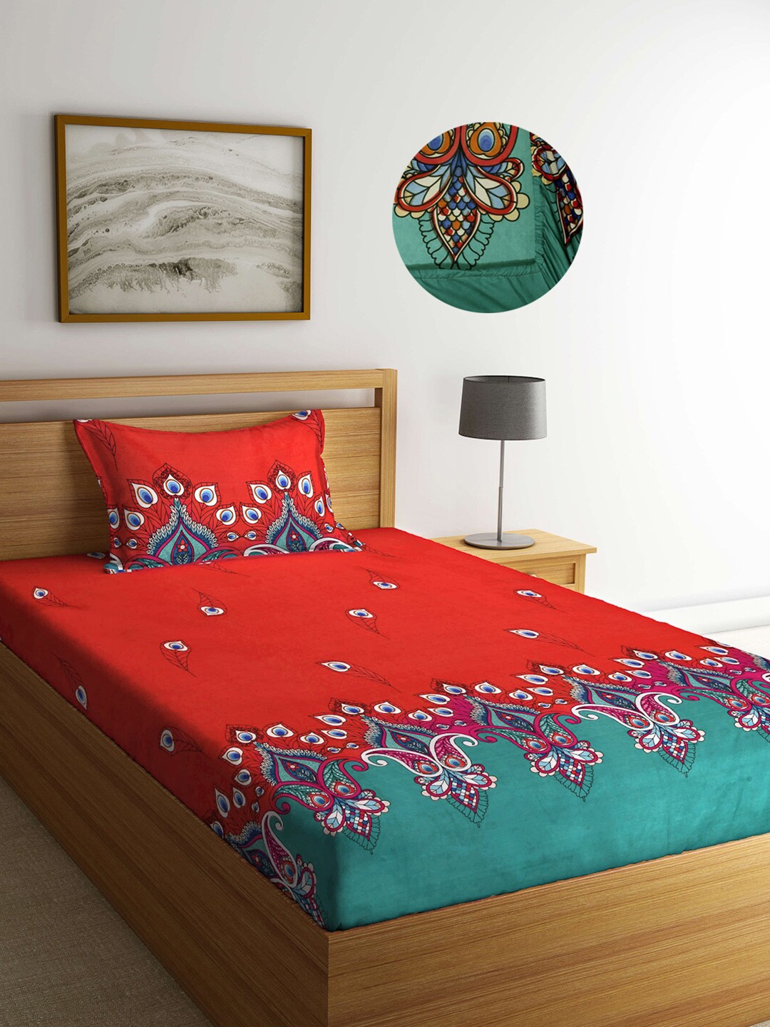 

Arrabi Red Indian 300 TC Cotton Blend Single Size Fitted Bedsheet with 1 Pillow Cover